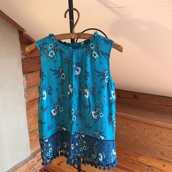 JohnPaulRichard Tops - John Paul Richard Teal Blue Tassel Tank Top, EUC, S/M
